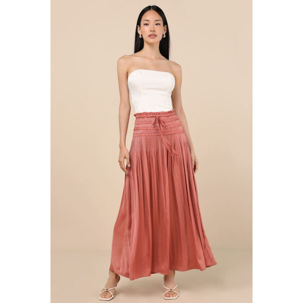 Lulus Maina Rusty Rose Plisse Drawstring High-rise Maxi Skirt Pink - Size L